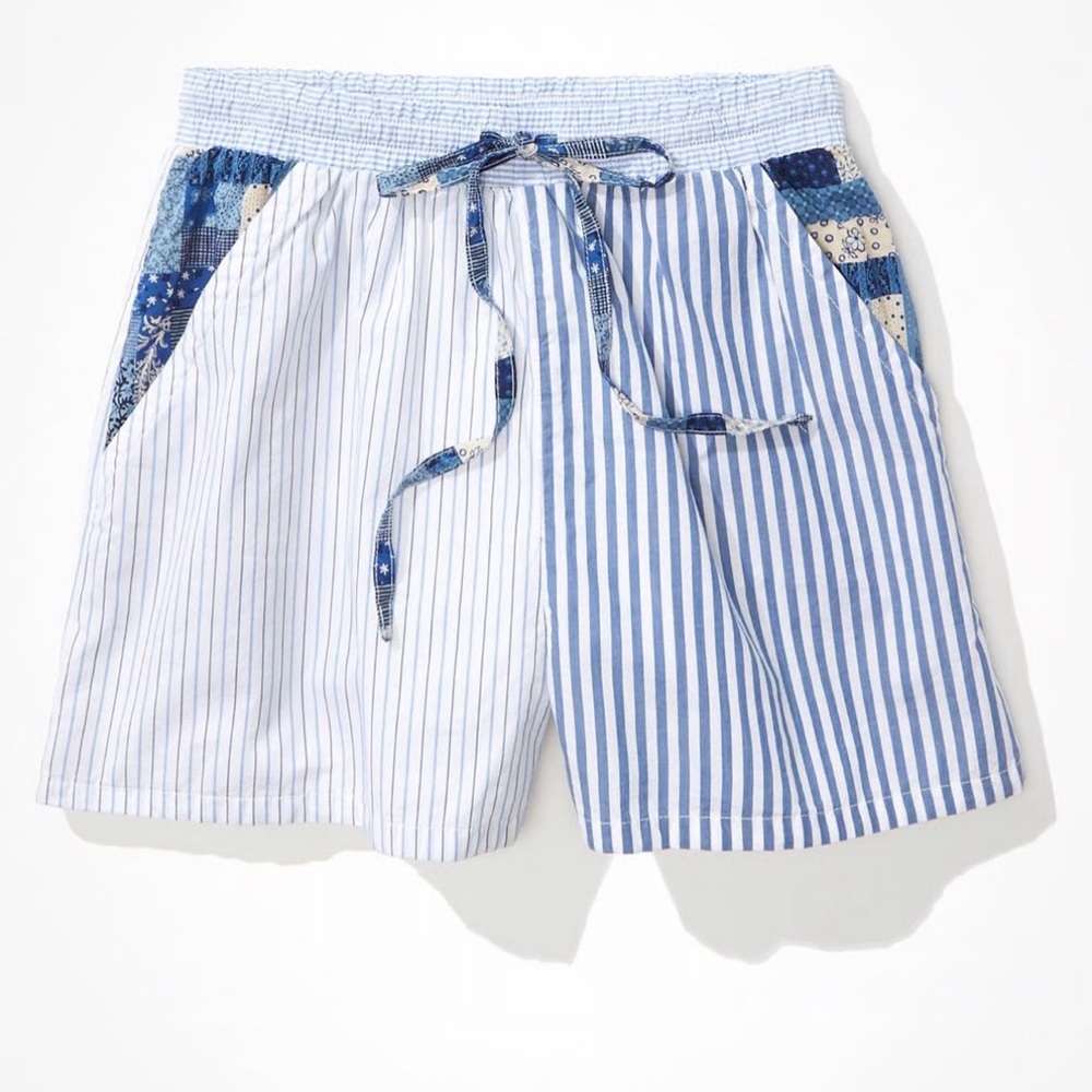 American Eagle Outfitters Blue & White Striped High-Waist Drawstring Shorts Med